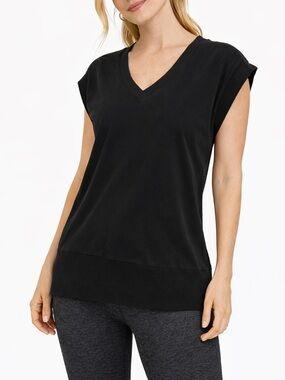 ATHLETA Retroterry V-Neck Sweatshirt Tee Sweater Vest Black Small